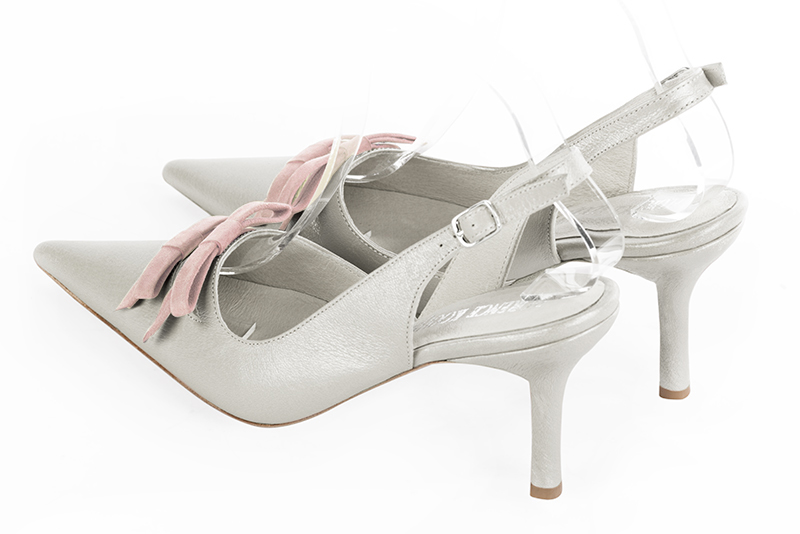 Pure white and powder pink women's open back shoes, with a knot. Pointed toe. High slim heel. Rear view - Florence KOOIJMAN